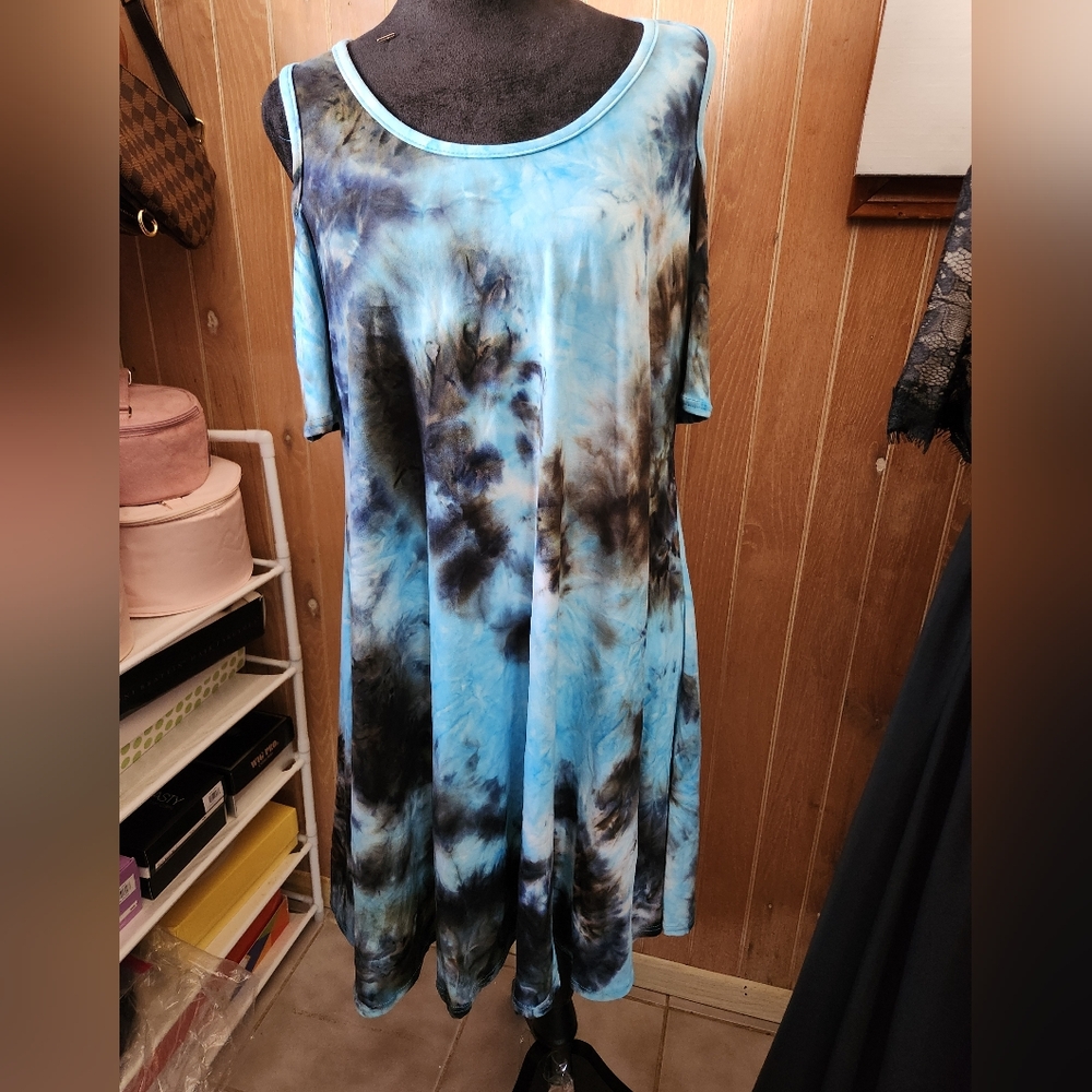 Blue Tie-Dye Women's Open Shoulder Dress